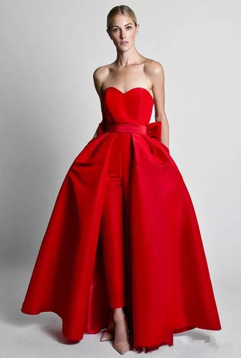 Evening wear Dresses: Red Jumpsuit Detachable Skirt Sweetheart Formal Pants