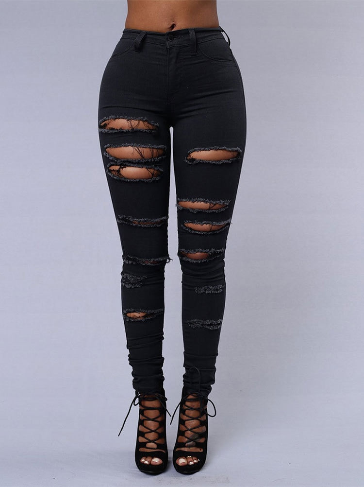 Spring Summer Elastic Trousers Black and White Ripped Jeans Fashion