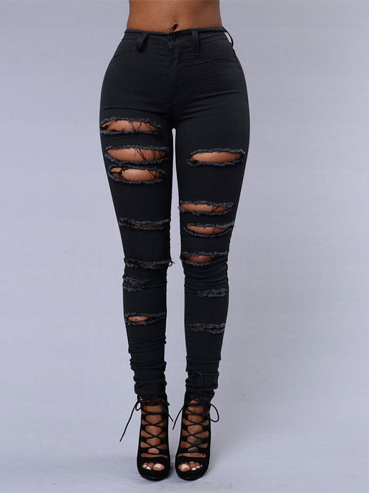 Spring Summer Elastic Trousers Black and White Ripped Jeans Fashion