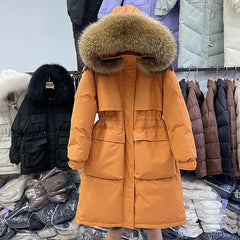 Winter Women Long Jacket Large Natural Fur Collar Hooded