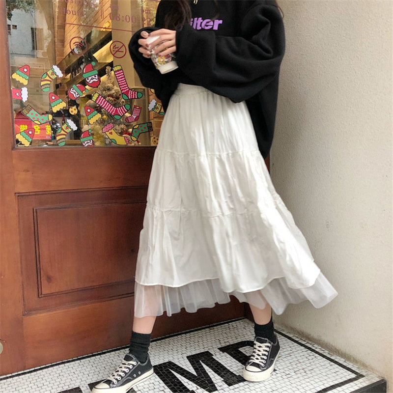 Long Tulle Midi Skirts Womens Autumn Elastic High Waist Mesh Tutu Pleated Skirts
