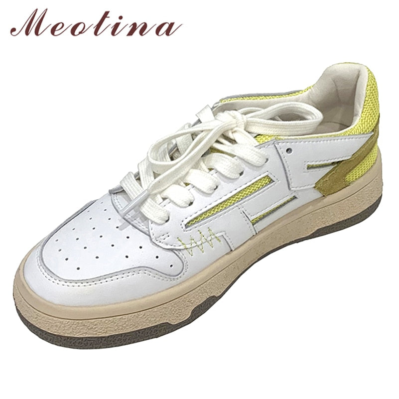 Sneakers Genuine Leather Shoes Woman Flat Lace up Shoes Round Toe