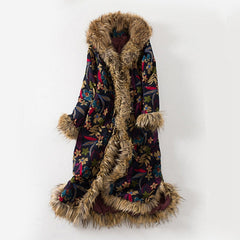 Ethnic Style Winter Coat Fur Collar Long Dust Coat Windbreaker Cotton Linen