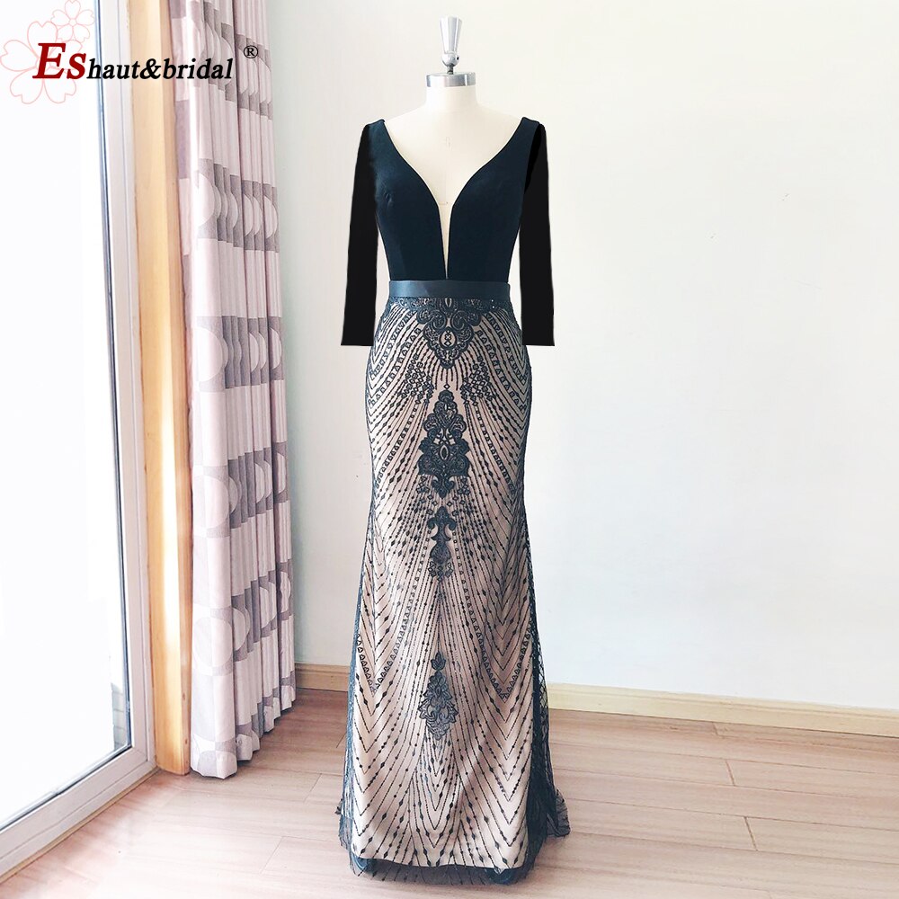Evening wear Dresses: Black Velvet Mermaid Evening Night Dress for Women V Neck