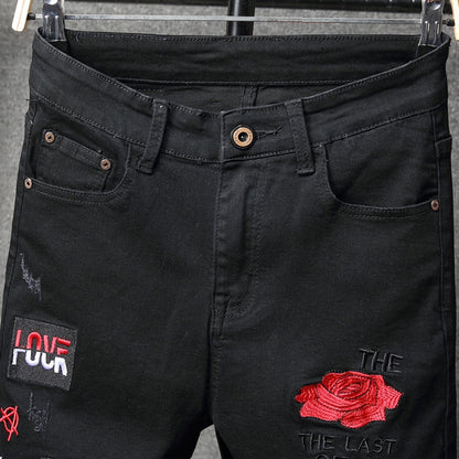 Men red flower letters embroidery black jeans Fashion badge stretch denim pants