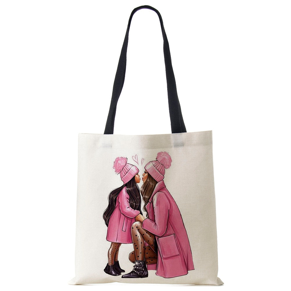 Cute Cartoon Super Mama Print Linen Tote Bag Reusable Shoulder Bags Mom