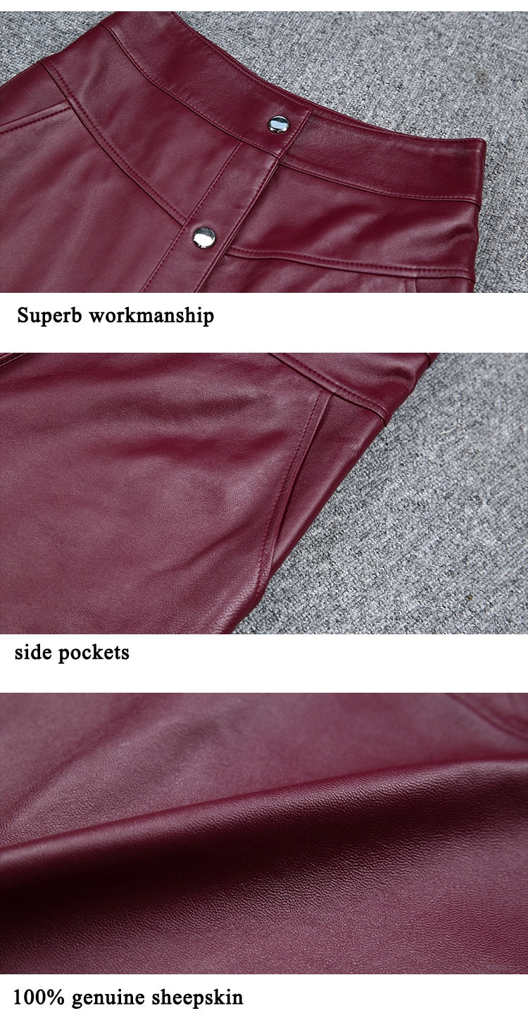 Women Maxi Skirt Femme Genuine Leather Side Pocket Buttons A-line