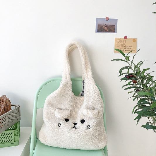 Winter Soft Plush Tote Bag Women Cartoon Embroidery Imitation