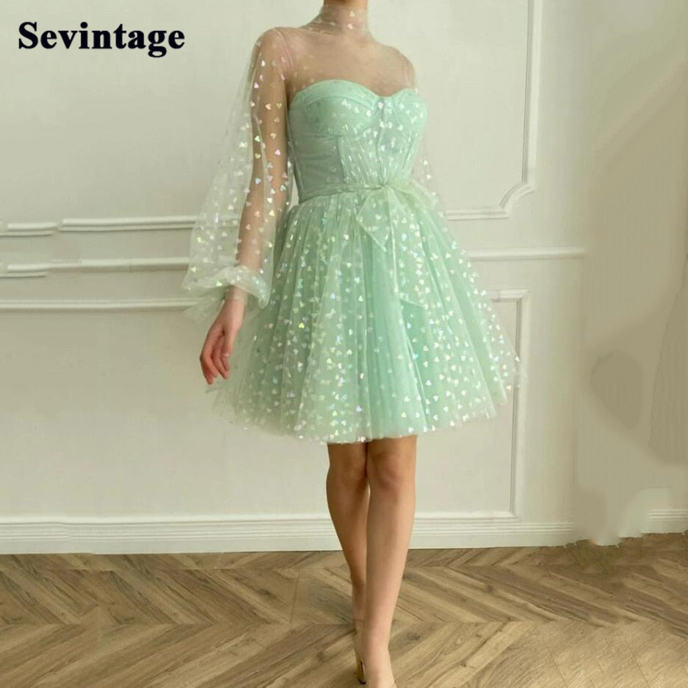 Homecoming Dresses: Light Green Tulle Short Prom Dresses High Neck A Line