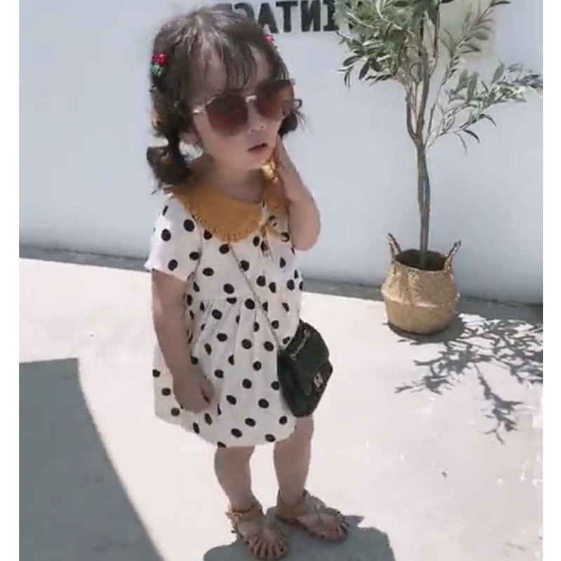 Summer Girls Dress Polka Dot Doll Collar Short Sleeve Sweet Princess Dress