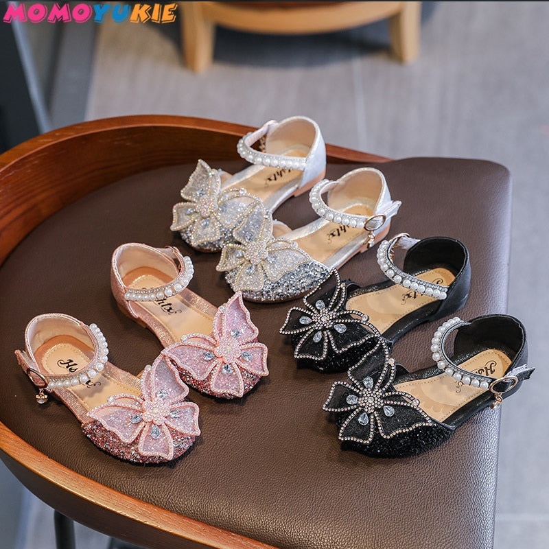 Girls Sequin Lace Bow Kids Shoes Girls Cute Pearl Princess Dance Single Casual