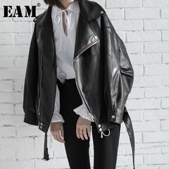 Spring Black PU Leather Loose Turn-down Collar