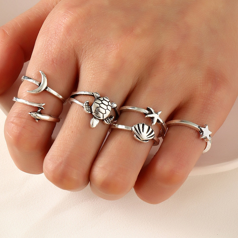 Vintage Boho Crystal Butterfly Rings Set For Women Zircon Leaves Stars