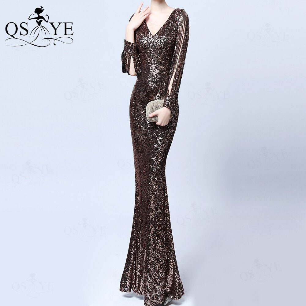 Evening wear Dresses: Silver Sequin Evening Dresses V neck Mermaid Prom Gown