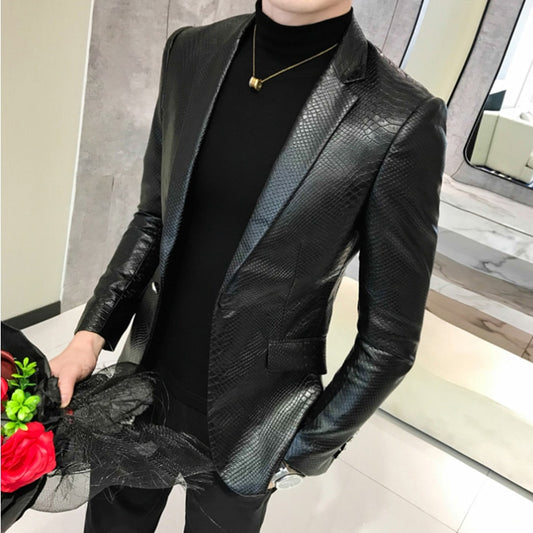 Men Suit Black Slim Fit Blazer Hombre PU Leather Jacket Male One Button