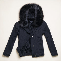 Velvet thick denim jacket female winter big faux fur collar coat female student short coat