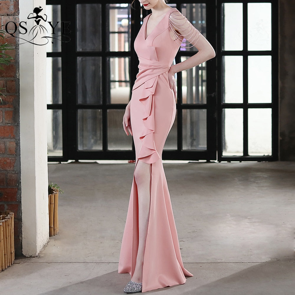 Homecoming Dresses: Prom Dress Stretch Ruffles Emerald Evening Dress V Neck Formal