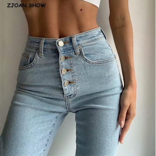 Vintage Skinny Four Buttons High Waist Pencil Jeans Women Slim Fit Stretch Denim