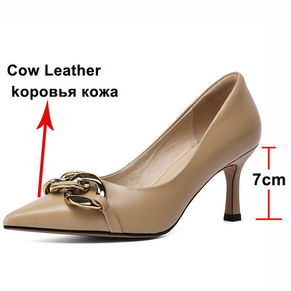 Meotina Genuine Leather High Heels Stiletto Heel Women Shoes Metal Decoration