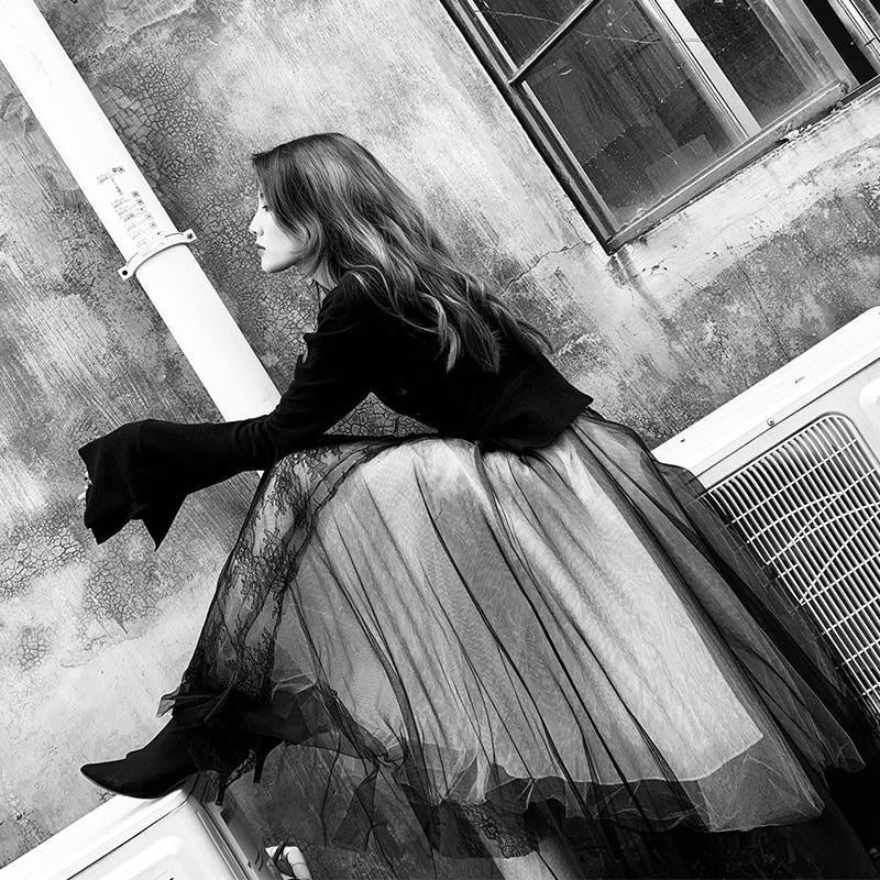 Long Luxury Soft Tulle Skirt Lace stitching Gothic White Black Pleated Tutu Skirts
