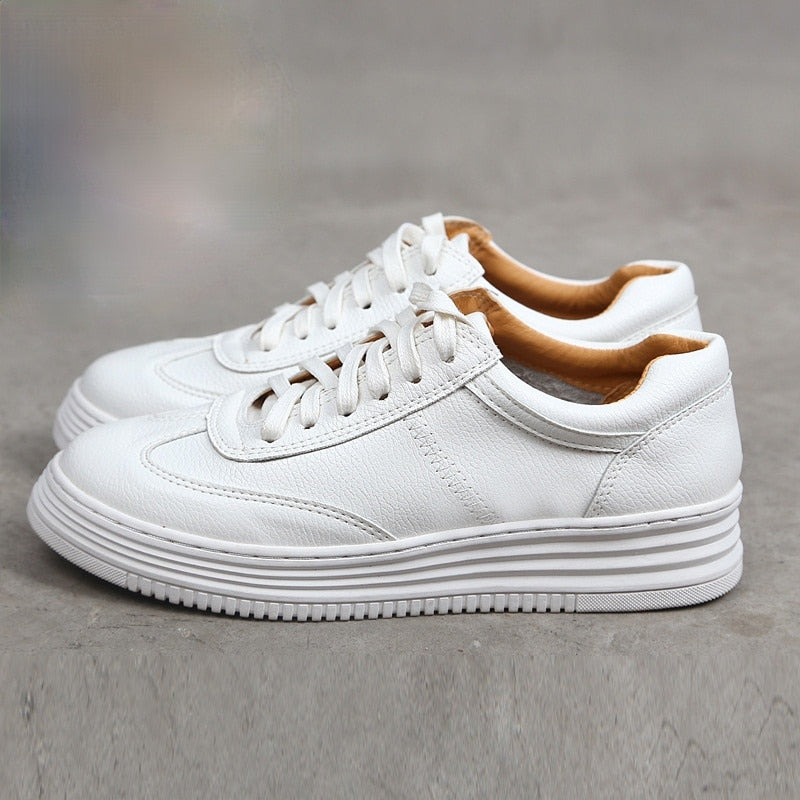 Fashion White Split Leather Women Chunky Sneakers White Shoes Lace Up