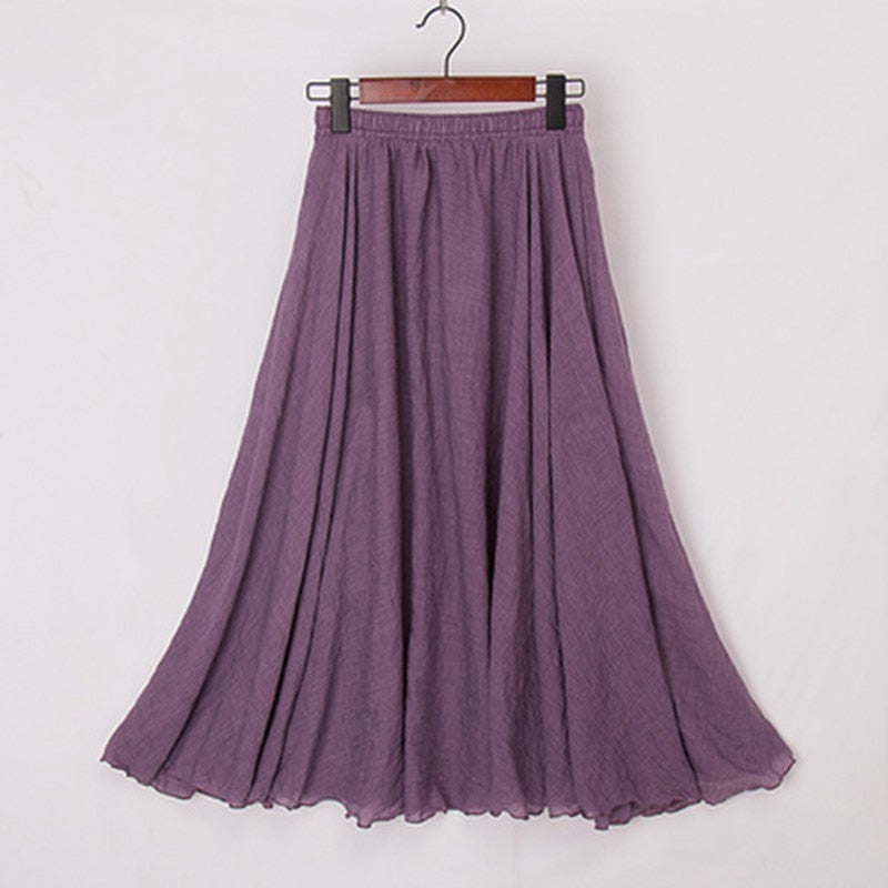 Cotton Linen Maxi Skirt Womens Casual Elastic High Waist Pleated