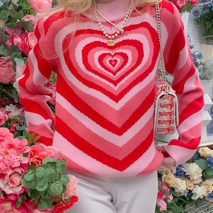 Y2K Aesthetics Sweater Women Heart Striped Fashion Sweaters E-girl Sweet
