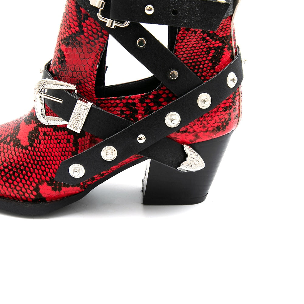 Motorcycle Western Cowboy Boots Women Snake PU Leather Short Cossacks