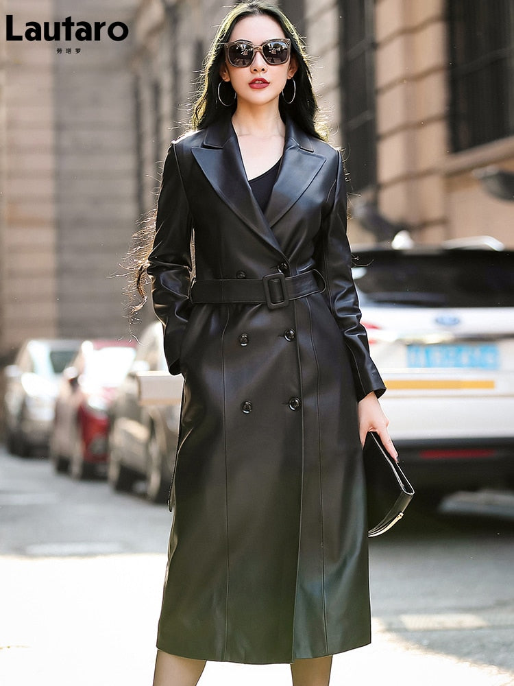 Spring Black Waterproof Leather Trench Coat for Women