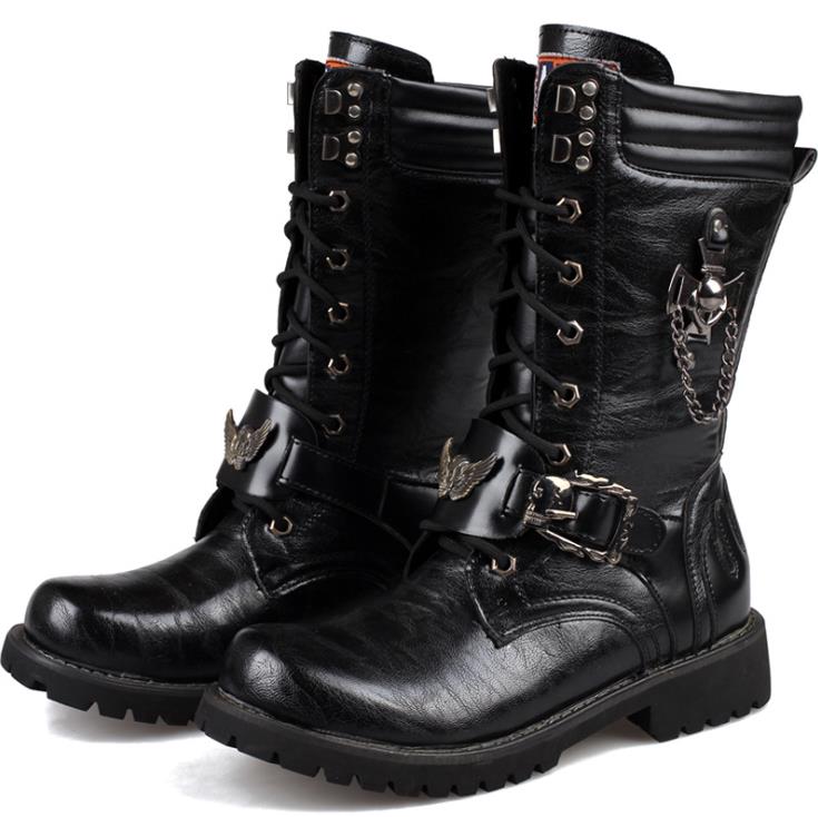 Men's Leather Motorcycle Boots Mid-calf Military Combat Boots Gothic