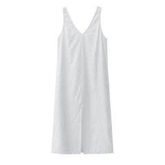 Women Solid White V Neck Sleeveless Fashion Dress Split Tank Dress