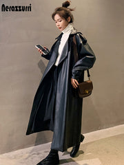 Spring Black Oversized Long Waterproof Leather Trench Coat