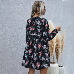 Autumn Winter Fashion Floral Dress Women Casual Full Sleeve High Waist Loose