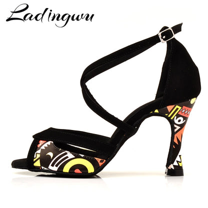 Ladingwu Latin Dance Shoes For Women Black Flannel and Orange African print