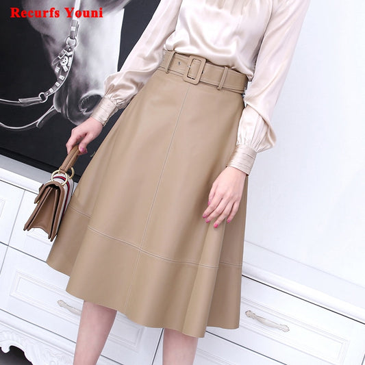 Stylish Genuine Leather Skirt Women Spring European Style Champagne High Waist
