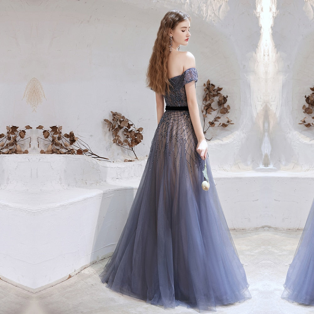 Evening wear Dresses: Blue Evening Dresses Luxury Beaded Beading