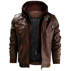 Men's Autumn Winter Motorcycle Leather Jacket Windbreaker Hooded  Jackets