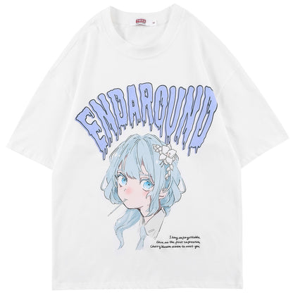 T-shirt Men Green Hair Girl Cartoon Anime Printed O-Neck  Streetwear