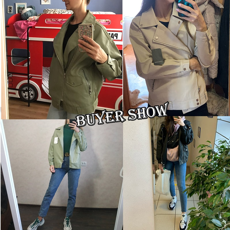 Fitaylor Autumn Women Faux Leather Jacket Casual Loose Soft Pu