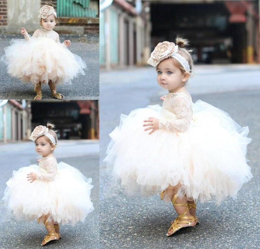 Champagne Tulle Baby Girls Baptism Dress 1st Birthday