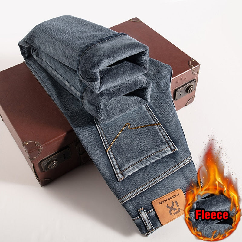 Men Fleece Warm Jeans Classic Style Business Casual Regular Fit Thicken Stretch