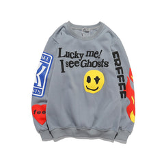 Smiley Flame Print Round Neck Sweatshirts Men and Women Plus Velvet Streetwear