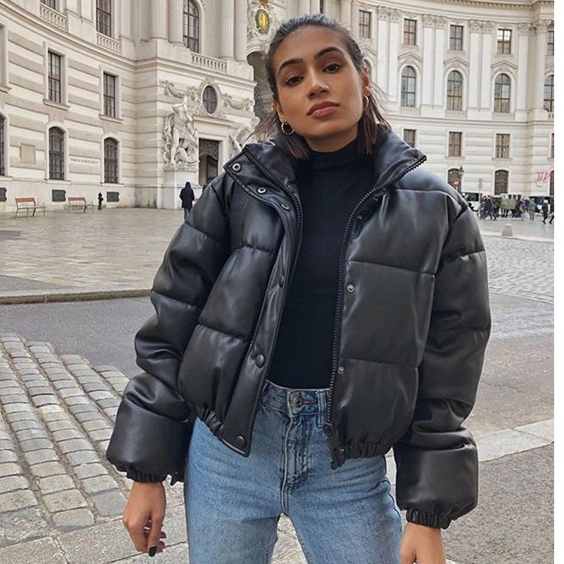 Winter Women Jacket Thick Warm Short Parka Black Pu Leather Coats Woman