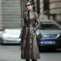 Nerazzurri Autumn Long Brown Black Soft Faux Leather Trench Coat for Women