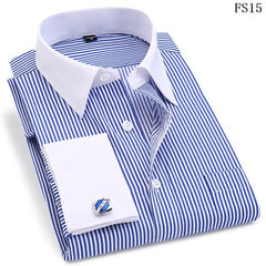 Men 's French Cufflinks Business Dress Shirts Long Sleeves White Blue