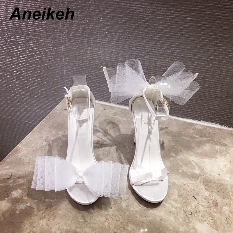 Fashion White Silk Butterfly-knot Peep-toe High Heels Sandals Women Buckle Strap Back Pumps Wedding Party Shoes