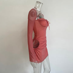 Items Women Flare Long Sleeve Pink Dress Fashion Square Collar Bandage Robes
