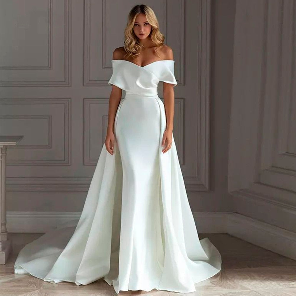 White Bridesmaid Dresses: Wedding Dress 2 In 1 Detachable Train Sweetheart