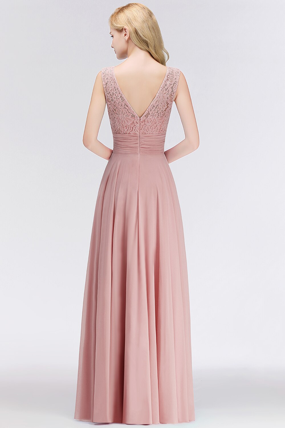 Homecoming Dresses: Dusty Pink Lace Long Bridesmaid Dresses Stretchy A Line