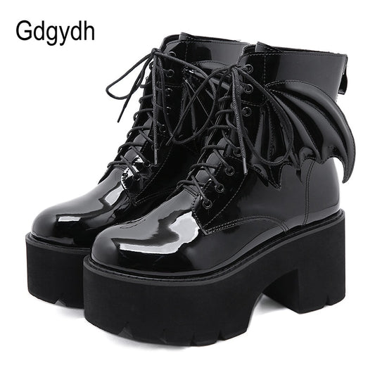 Fashion Angel Wing Ankle Boots High Heels Patent Leather Womens Platform Boots